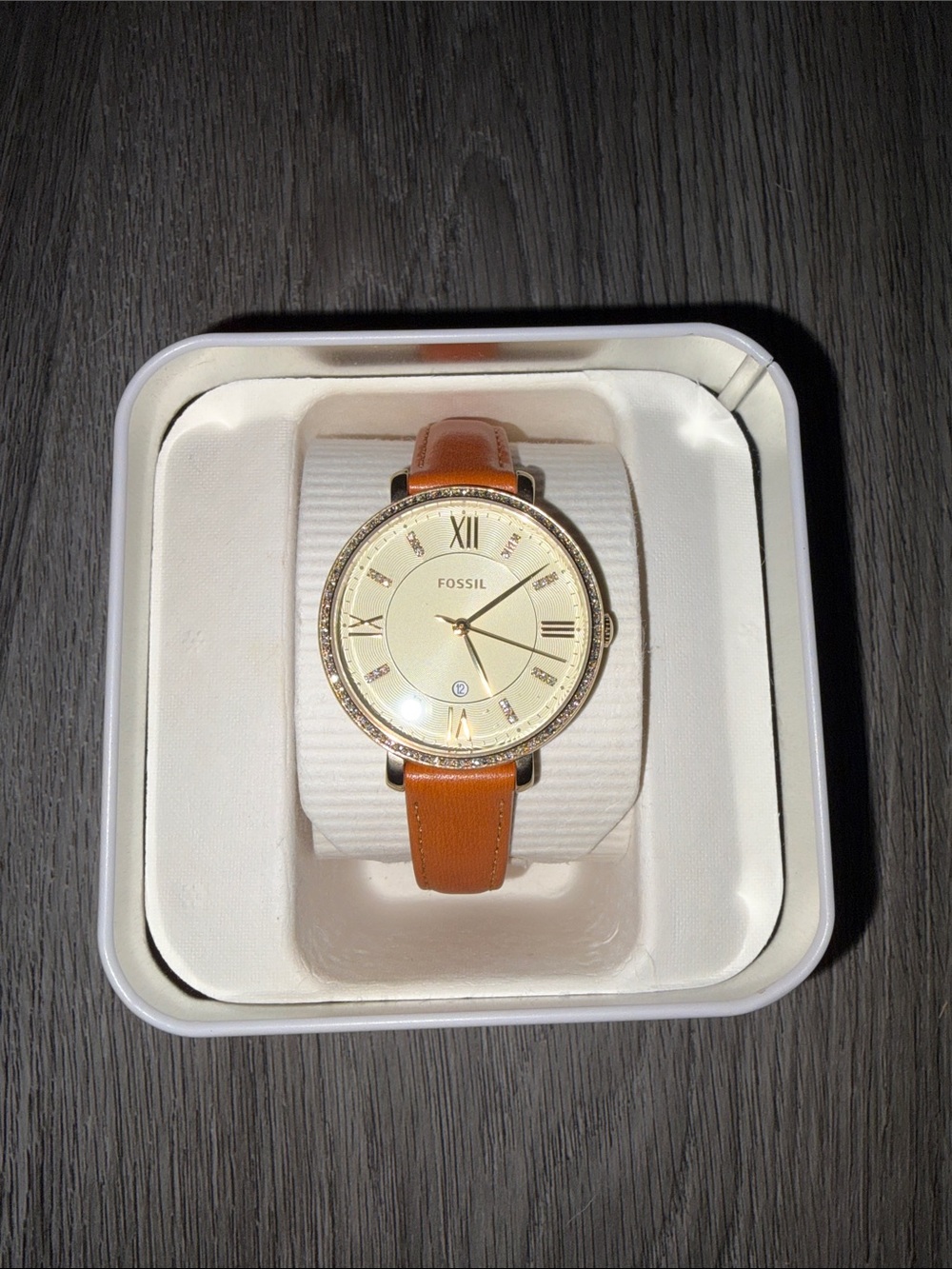 Fossil Tan Leather Strap Watch with Gold Dial and Crystal Accents